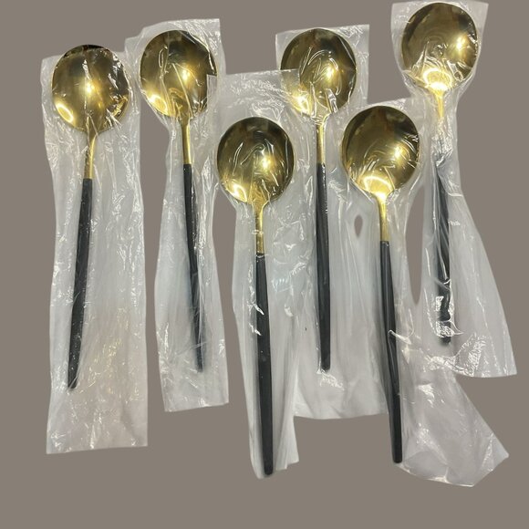 Gold & Black Stainless Steel Spoons Set Of 6 - Picture 1 of 5
